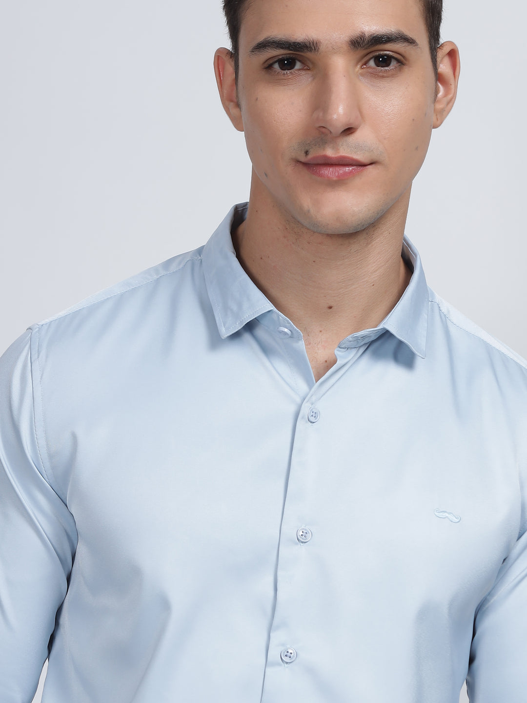 PLAIN PEACH SATIN STRETCH SHIRT SKY BLUE