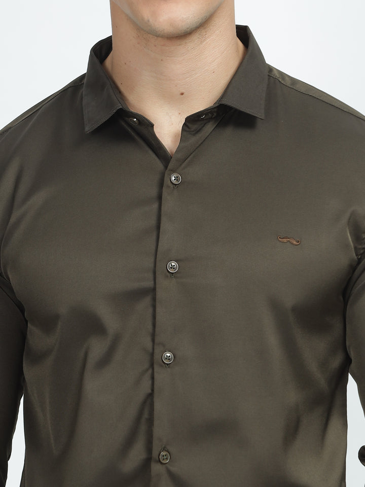 PLAIN PEACH SATIN STRETCH SHIRT STRONG OLIVE GREEN