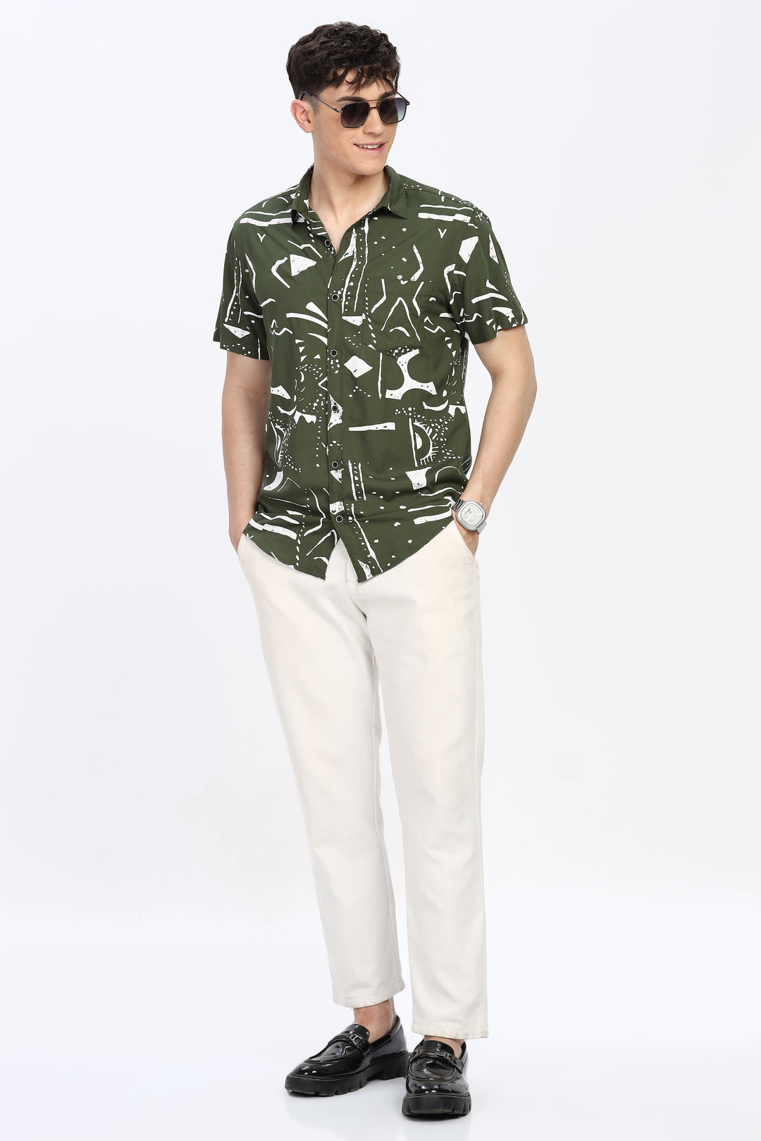 White Abstract Green Shirt