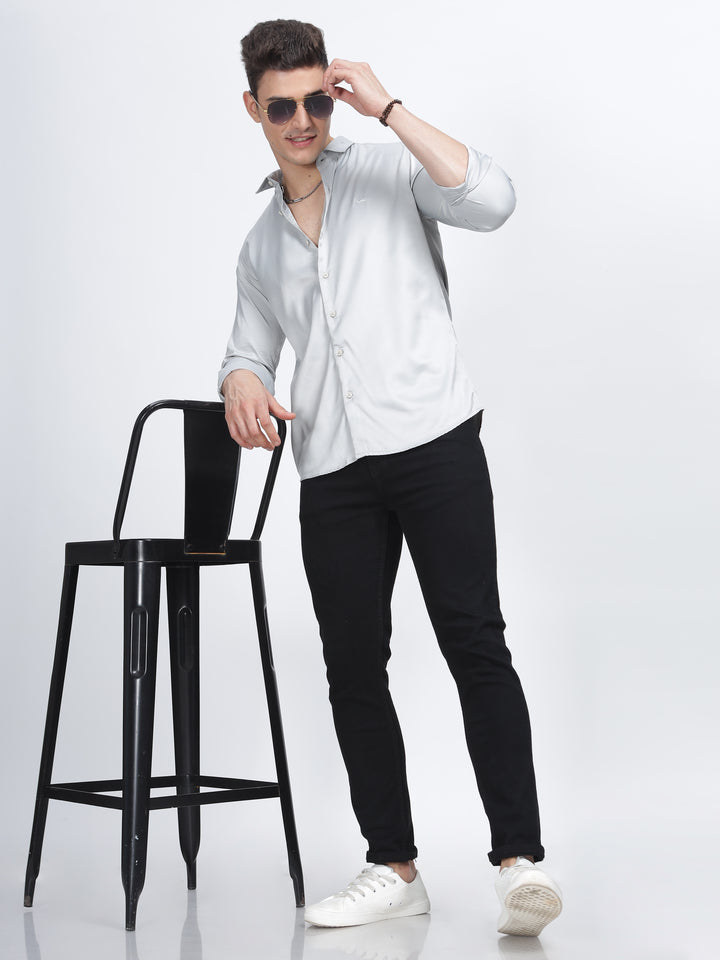 PLAIN PEACH SATIN STRETCH SHIRT METAL GRAY